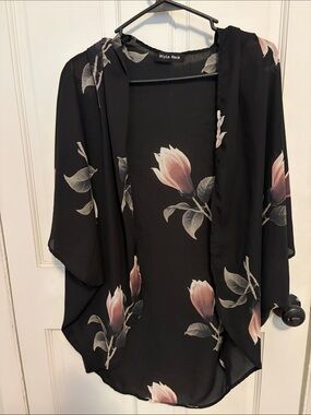 Style Rack Black Floral Open-Front Kimono with Blush Pink Blooms